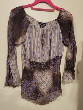 Impressions Brown & Blue Floral Boho Peasant Sheer Blouse